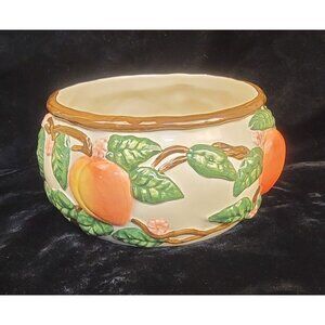 Vintage 1980's Claire Burke Ceramic Serving Bowl with Raised Peaches and Leaf Pa